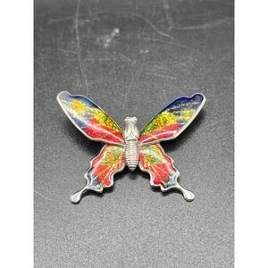 Enamel Butterfly Moth Brooch Pin Rainbow Wings Silver Tone Vintage Jewelry